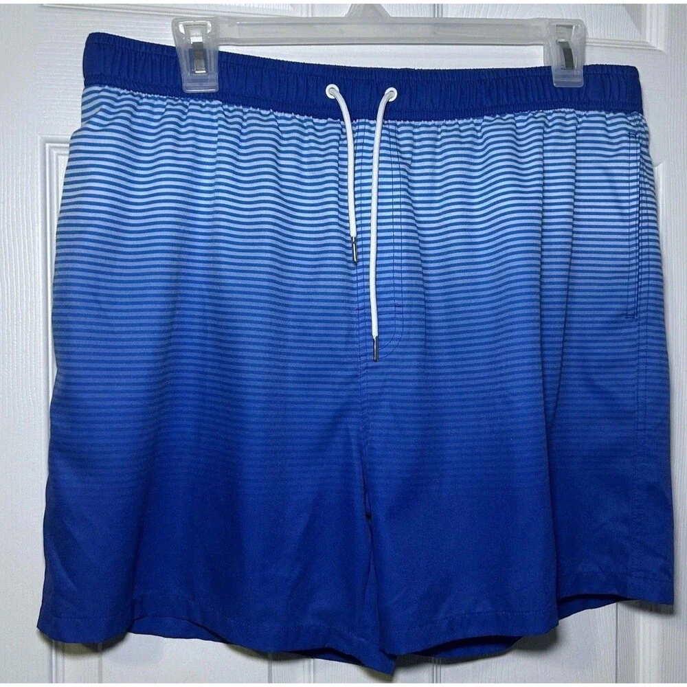 QRANSS Swim Shorts Men's XL Blue Striped Quick Dry Lined Pockets Beach Summer